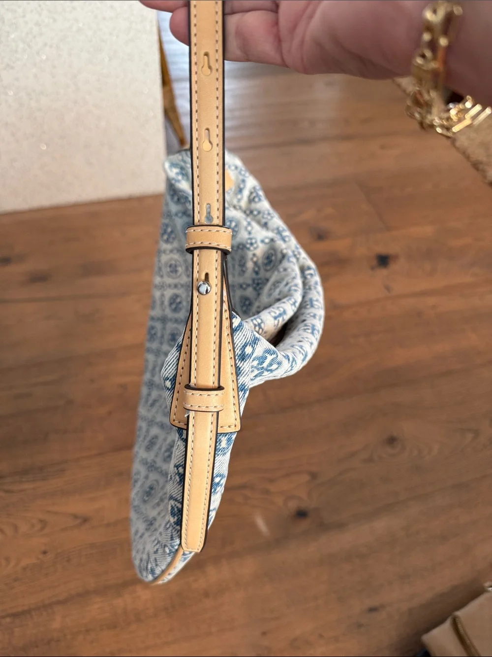 Tory Burch Blue and Cream Large Denim Monogram Shoulder Bag
